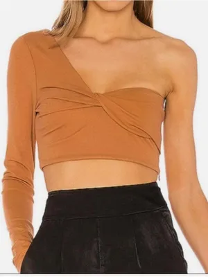 NBD Brown One Shoulder Twist Crop Top Y2K Going Out Ruched Size S thumbnail 1