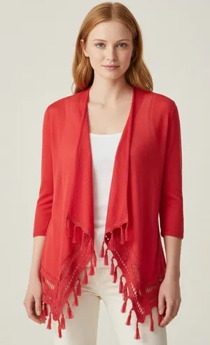Chico’s Coral Linen Blend Open Front Tassel Cardigan Lightweight Size 1 Medium thumbnail 1