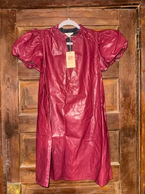 entro Burgundy Puff-Sleeve Faux Leather Dress thumbnail 1