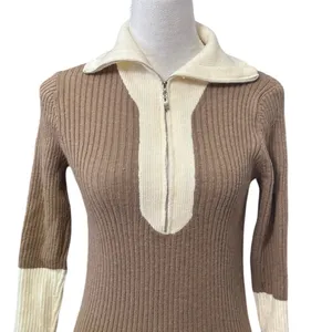 Long Sleeve Sweater Color Block Contrast Quarter Zip Drop Shoulder Beige Brown M thumbnail 2