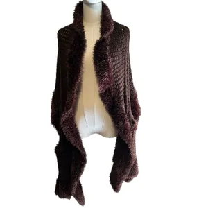 Scarf Shawl Wrap w/ Faux Fur Edging and Pockets Brown Knit CTF Choose the Future thumbnail 2