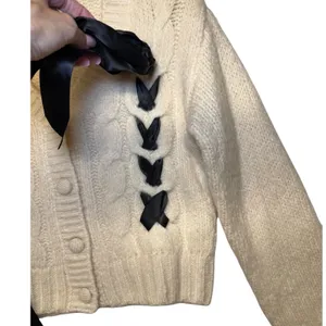 All In Favor Cable Knit Ribbon Cardigan Beige Black Lace Up XS LT21358-001 thumbnail 4