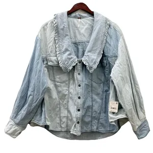 FREE PEOPLE Daisy Denim Ruffle Collar Button Down Shirt Top Size Large NWT thumbnail 1