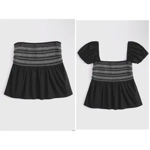 NWT Abercrombie & Fitch‎ Convertible Sleeve Smocked Black Smocked Puff Sleeve L thumbnail 2