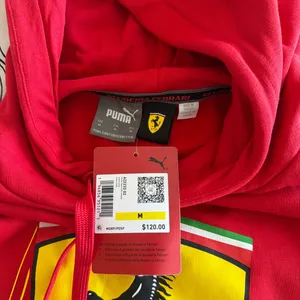 Red Ferrari hoodie with yellow shield logo featuring black horse and 'SF' text #racing #automotive thumbnail 2