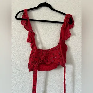 Free People Bijou Skirt Set Cherry Red Floral 2 Pc Smocked Back Ruffle sz 4 thumbnail 10