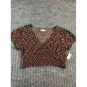 AEROPOSTALE Floral Crop Top Women XL Black Pink Smocked V-Neck Puff‎ Sleeve NWT thumbnail 4
