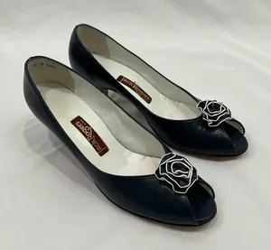 Vtg Jack Rogers 80’s Navy‎ Blue Leather Peep Toe Heels With Rosette Size 8 S thumbnail 1