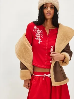 NEW Free People Candy Cane Lane Beaded Long Sleeve Snap Buttons Top Sz XS thumbnail 2