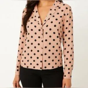 Reformation Polka Dot Button-Up Blouse Cropped Long Sleeve Size Small Pink Black thumbnail 4