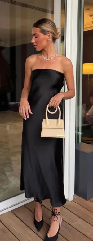 Zara Elegant Black Strapless Satin Midi Evening Dress thumbnail 1