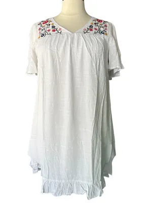 New!Cotton Lined White Gauze V-Neck Embroidered Floral Babydoll Dress Size 2X thumbnail 7