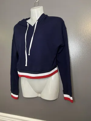 Bozzolo Hoodie Womens Large Navy Cropped Pullover Sweatshirt Red White Trim thumbnail 3