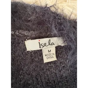 Isela Fuzzy Knit Cardigan Duster Sweater‎ Open Front Zebra Stripe Gray Black M thumbnail 5