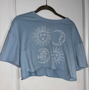 SHEIN Baby Blue Cropped Short Sleeve Tshirt Sun Moon Cloud Boho Size Medium thumbnail 1
