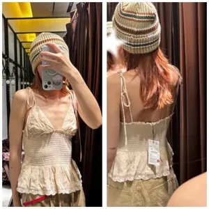 NWT Zara Tan Smocked Tie Straps Lace Trim Top Size Medium 0881/010 thumbnail 13