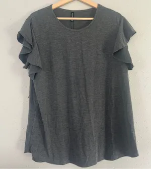 NWT PrinStory Gray T-Shirt Ruffle Sleeve Casual Neutral XXL thumbnail 1