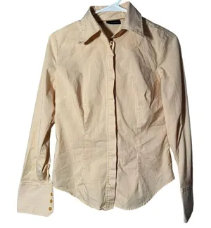 New‎ York & Company Women's Size Small Button Down Shirt Yellow White Pinstripes thumbnail 1