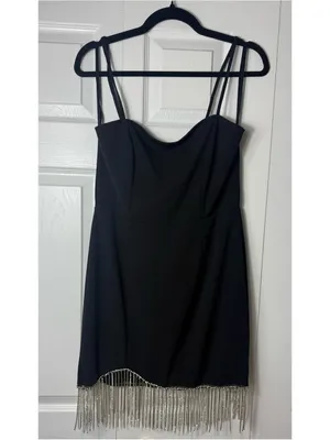Trixxi Black Silver Rhinestone Chain Fringe Mini LBD Dress Size Large thumbnail 7