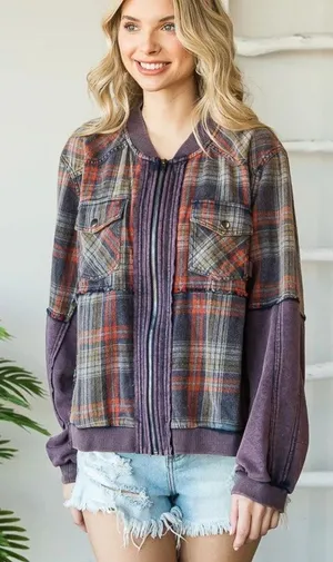 Oli & Hali Plaid Blue Bomber Jacket Small Full Zip Mixed Media Shacket thumbnail 1