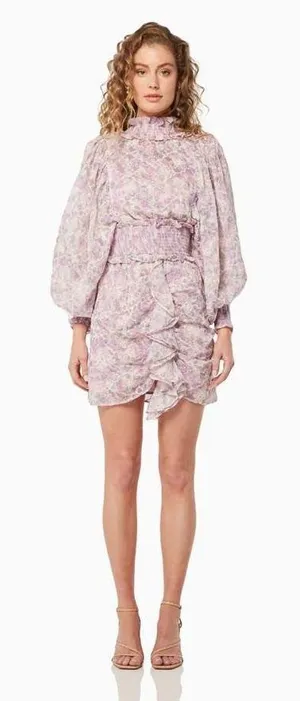 Elliatt Resorts Mini Dress Medium Lilac Multi Floral Embroidered Smocked Cottage thumbnail 1