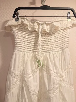 Free People Hi Hello White Cotton Smocked Strapless Lace Trim Midi Dress Size M thumbnail 3