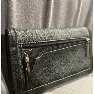 GUESS Trifold Wallet Black Charcoal Logo Pattern Canvas Snap Closure thumbnail 4