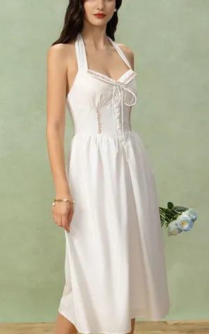 Rihoas White Embroidery A-Line Halter Midi Dress thumbnail 3