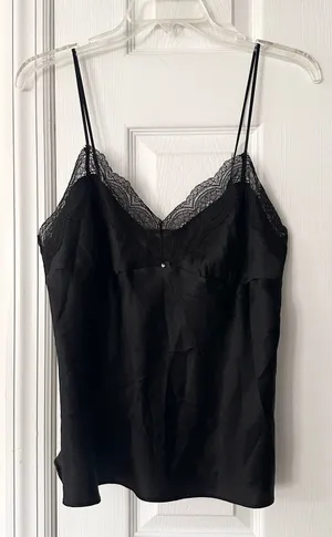 Victoria's Secret Black Satin Lace Trim Clear Jewel Accent Slip Tank Lingerie L thumbnail 1