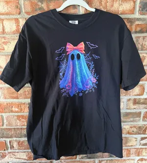 Comfort Colors Black Tee with Neon Ghost and Bow thumbnail 1