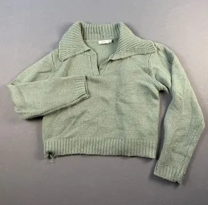 Lush Womens Sage Green Ribbed Knit Polo V-Neck Cropped Sweater Small thumbnail 1
