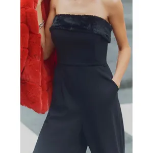 Anthropologie Hutch Faux Fur Trim Strapless Black Jumpsuit Size 14 Wide-Leg thumbnail 5