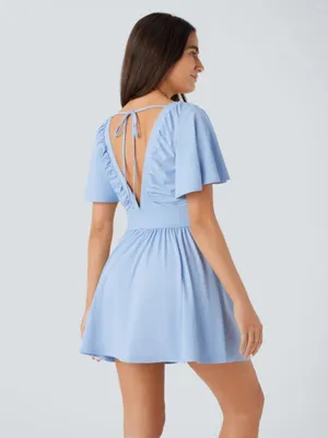 NWOT Halara Blue V Neck Tie Back Babydoll Short sleeve Dress thumbnail 2