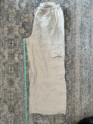 Hausen 100% Linen Wide Leg Cargo Pants Size S Beige Drawstring thumbnail 6