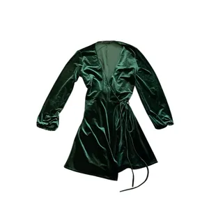 Zara Emerald Green Velvet Wrap Mini V-Neck Long Sleeve Dress SZ M Holiday Party thumbnail 2