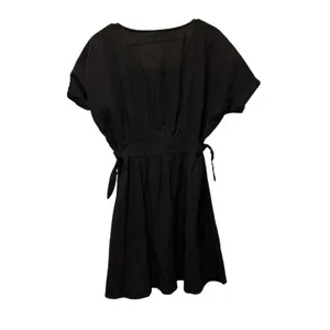 Womens Black Button Front Dress V Neck Tie Waist Short Sleeve Mini Large Classic thumbnail 2
