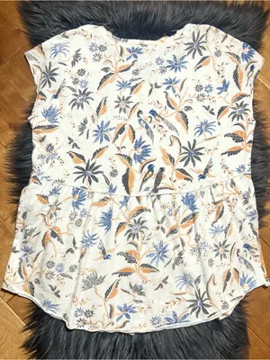 Anthropologie Tunic Button Down Floral Print Top Cream Blue Top Size Large thumbnail 3