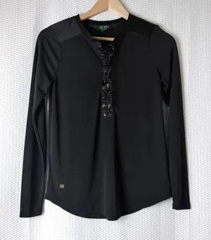 Lauren Ralph Lauren Top Women XS Black Lace Up Satin Trim Long Sleeve Equestrian thumbnail 1