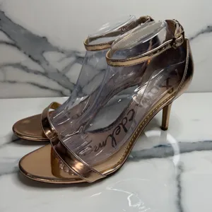 Sam Edelman Womens Rose Metallic Patti Heels Sz 9.5 Strappy Classic Minimal FLAW thumbnail 3
