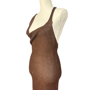 SOVERE Spark Dress in Coffee Medium New Womens Knit Crochet sequin Maxi Gown thumbnail 7