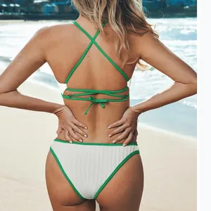 Cupshe White Textured Green Trim Crossback Cheeky Swim Bikini Set Size L thumbnail 2