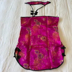 Hot Pink Satin Brocade Halter Top ✧ Chinese Cheongsam Style Lingerie Set ✧ Open Back Lace-Up ✧ XL ✧ Y2K Festival Top + Thong thumbnail 2