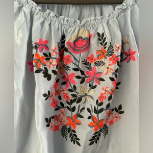 Free People Embroidered Off Shoulder Mini Dress Blue Orange Size S thumbnail 3