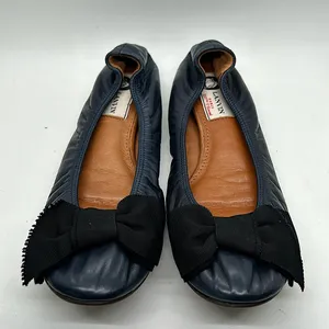 Lanvin Paris Navy Blue Leather Black Bow Ballet Flats Shoes **Size 37.5/US 5.5** thumbnail 2