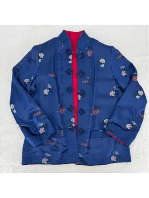 Peony Asian Kimono Jacket REVERSIBLE Blue Floral or Red Shanghai China Vintage L thumbnail 11