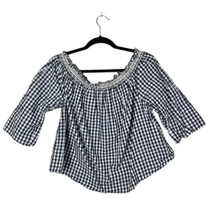 Madewell Smocked Blue & White Gingham Plaid Off The Shoulder Long Sleeve‎ L thumbnail 3