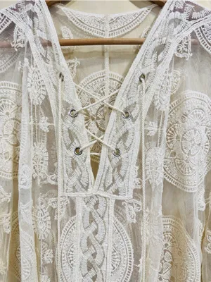 Cream Lace Crochet Kimono Cover Up Beach Swim Tassel Tie Sheer Embroidered OS thumbnail 3