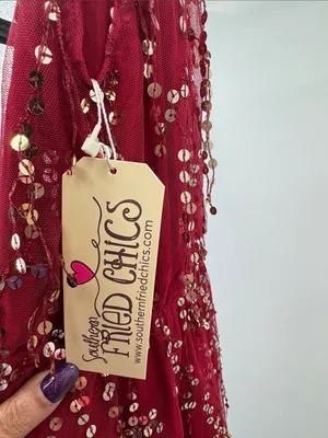 Southern fried chics deep red Sequined V-Neck and back sequin fringe L dress thumbnail 7