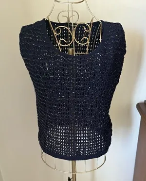 NWT Kiind Of Charlotte Metallic Crochet Knit Tank Top Navy Cotton Small thumbnail 1
