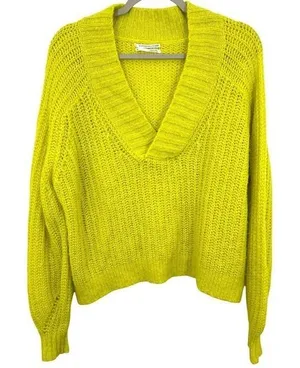 by Anthropologie Sweater Vibrant Neon Yellow Knit V-Neck Long Sleeve‎ Pullover thumbnail 1